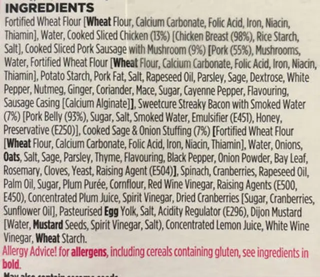 Christmas Lunch Wrap ingredients label