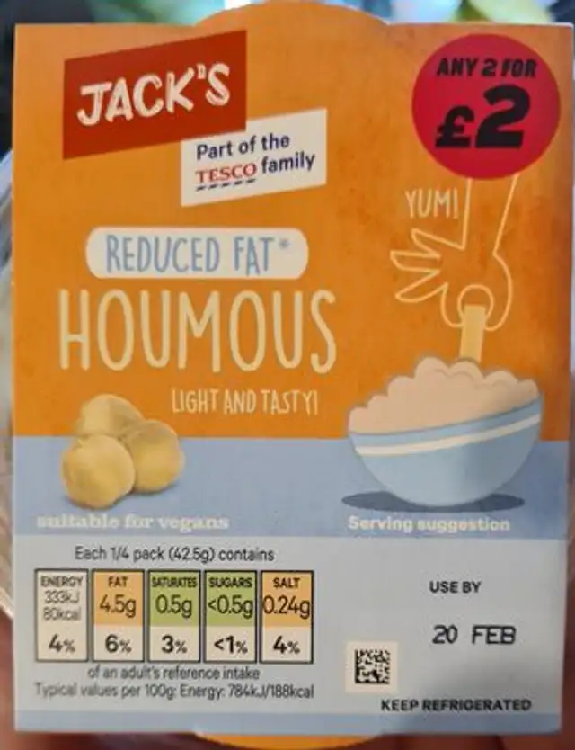 Reduced fat hummus front packaging