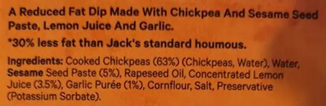 Reduced fat hummus ingredients label
