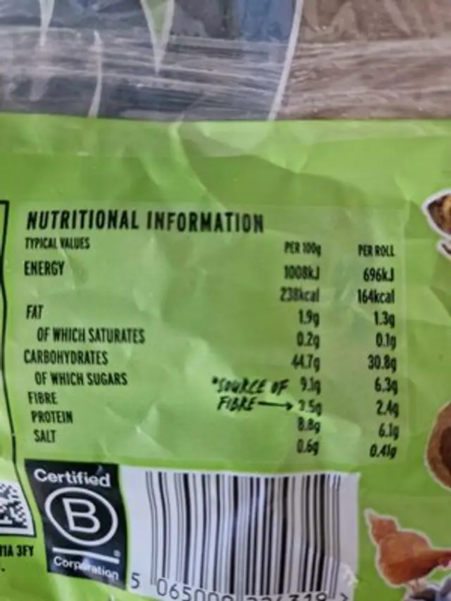 Wildfarmed White Rolls nutrition facts table