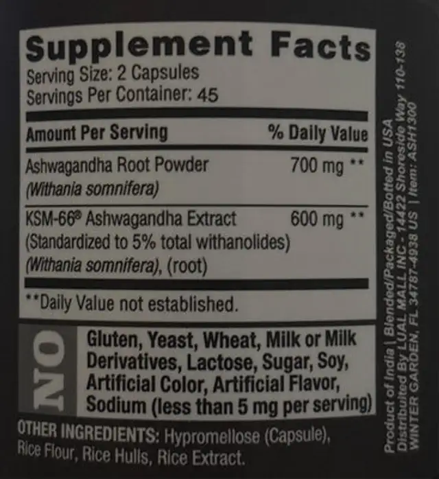 Extra Strength Ashwagandha nutrition facts table
