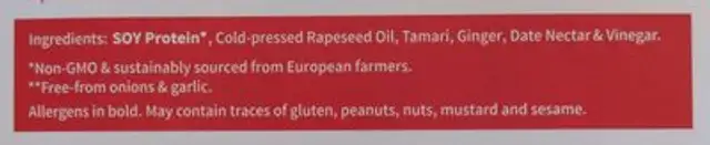 Plant-based Mini Fillets Japanese Teriyaki ingredients label