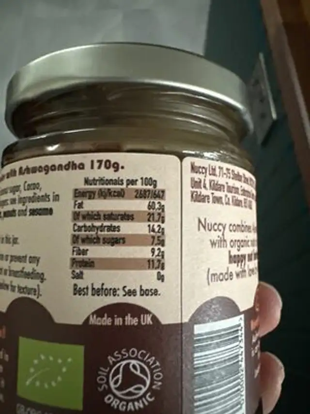 Nuccy ultimate choco flow with Ashwagandha nutrition facts table