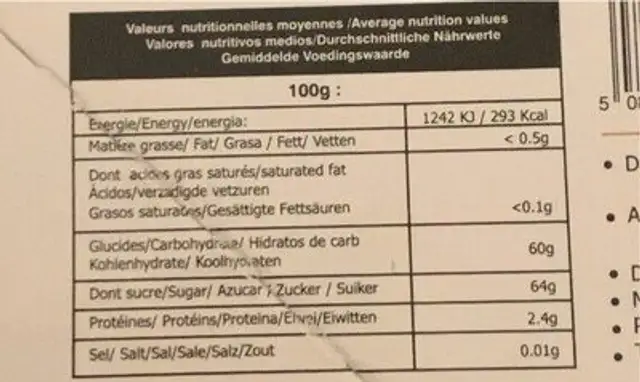 Dates de Mazafati nutrition facts table