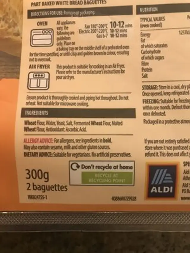 Bake at home white Baguette Aldi ingredients label