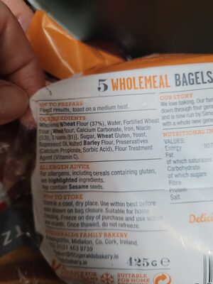 Hi-fibre wholemeal bagels ingredients label