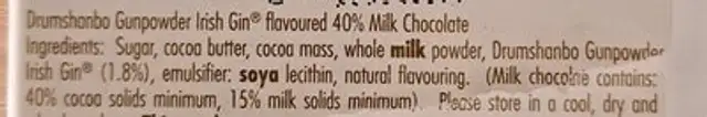 Drumshanbo Gunpowder Irish Gin 40% Milk Chocolate ingredients label