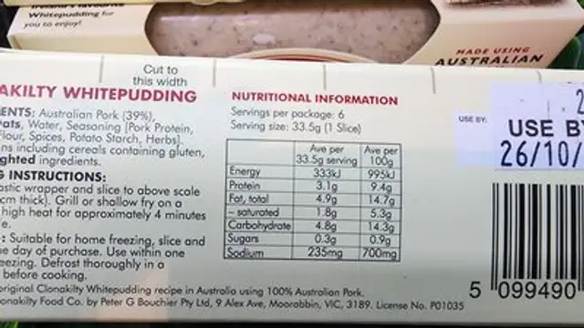 WhitePudding nutrition facts table