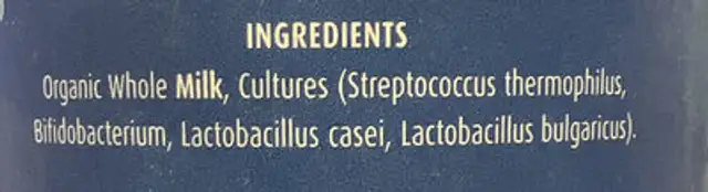Whole Bio Organic natural live yoghurt ingredients label