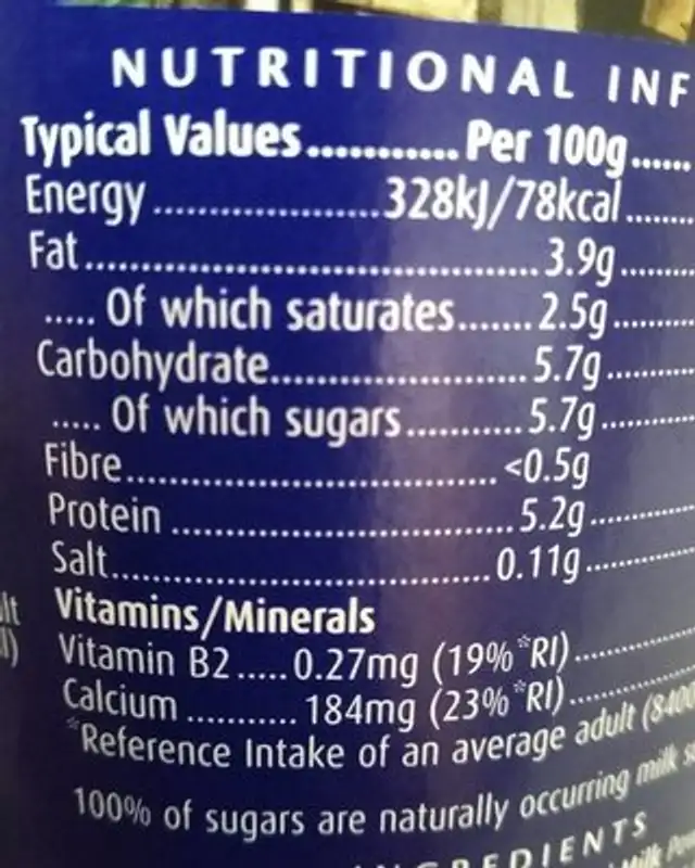 Whole Bio Organic natural live yoghurt nutrition facts table