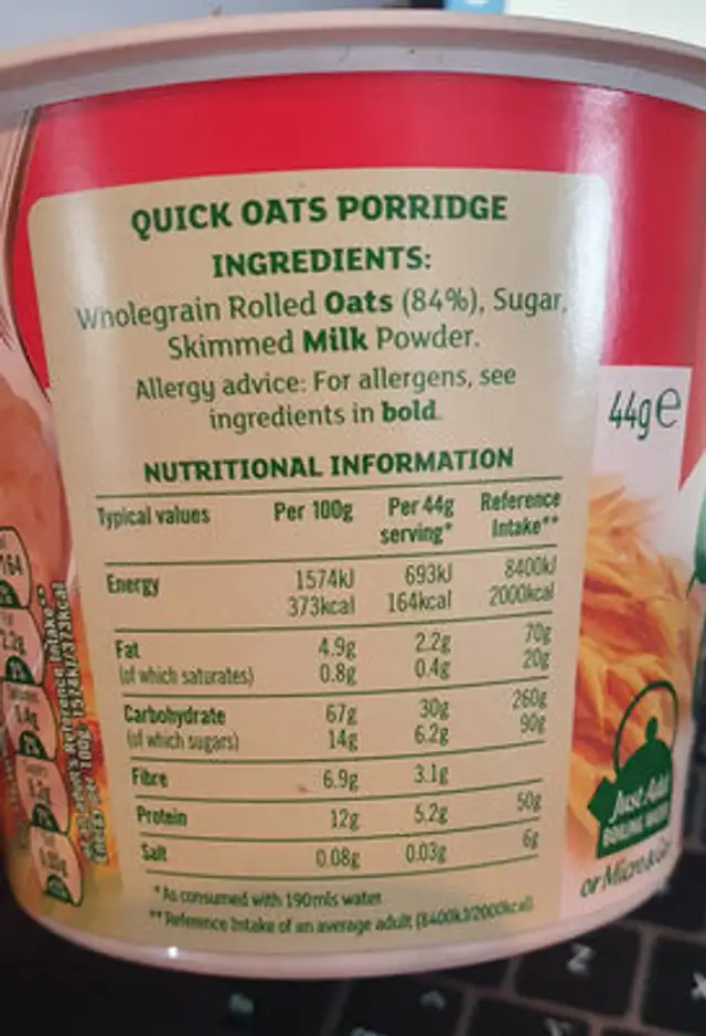 Quick Oats Original ingredients label