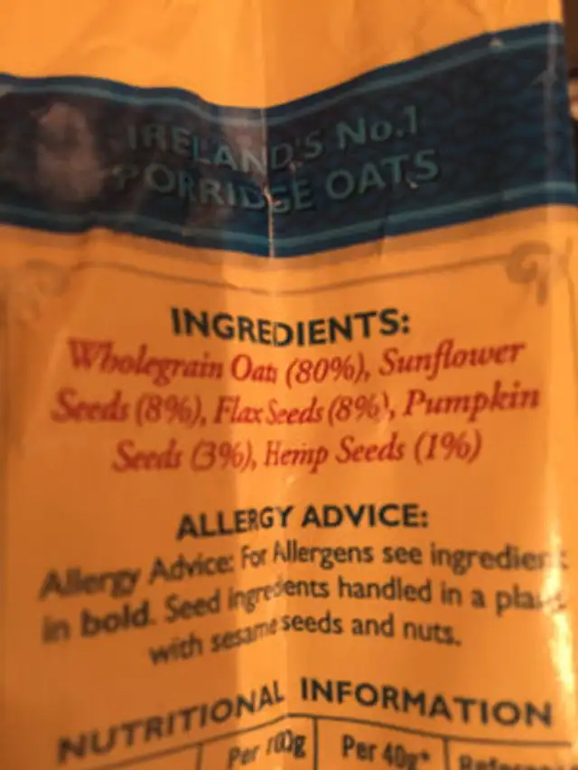 Irish Multi-Seed Porridge Oats ingredients label