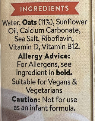 Flahavan’s Vitamin Rich Oat Drink ingredients label