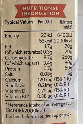 Flahavan’s Vitamin Rich Oat Drink nutrition facts table