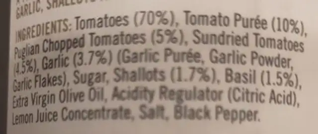 Sundried Tomato Garlic & Basil pasta sauce ingredients label