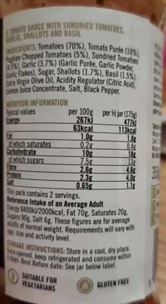 Sundried Tomato Garlic & Basil pasta sauce nutrition facts table