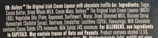 Chocolate original ingredients label