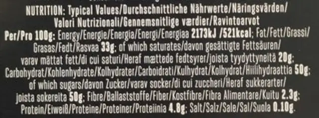 Chocolate original nutrition facts table