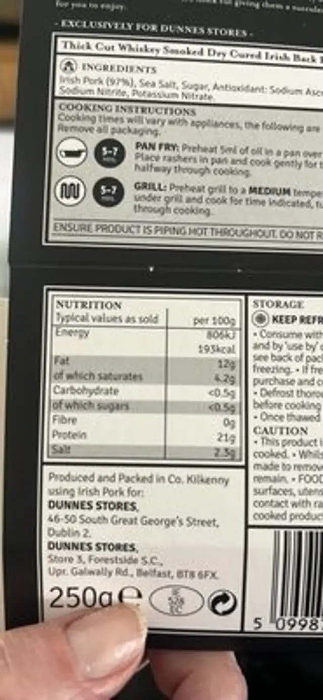 Thick Cut Whiskey Smoked Dry Cured Irish Back Rashers nutrition facts table