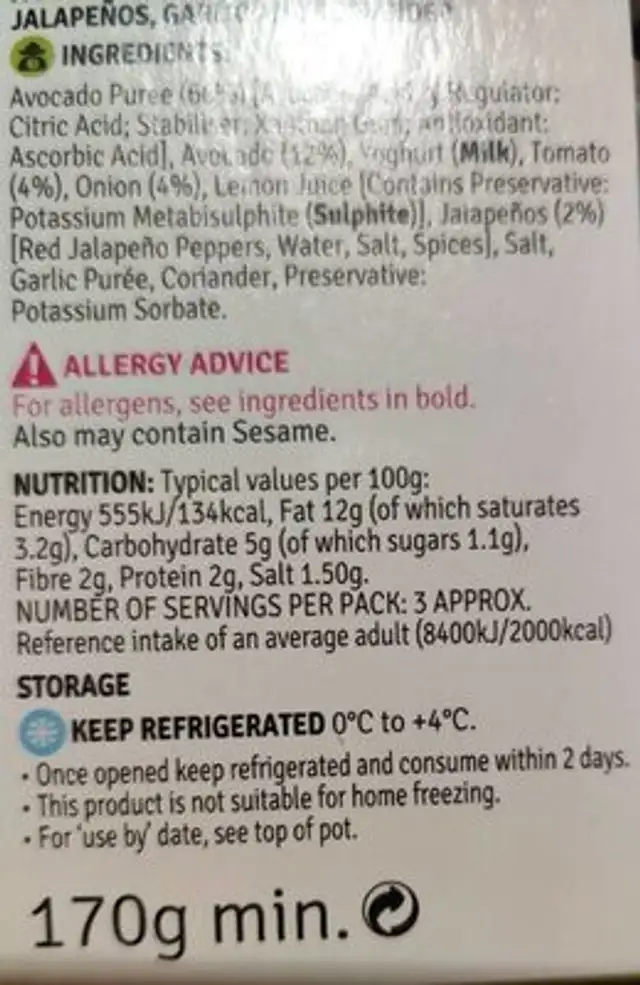Guacamole nutrition facts table