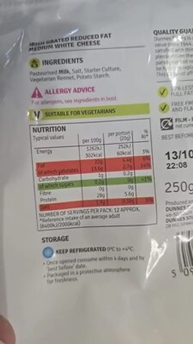 Reduced Fat cheese ingredients label
