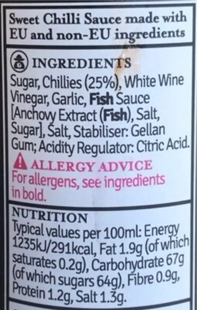 Irish made sweet chilli sauce nutrition facts table