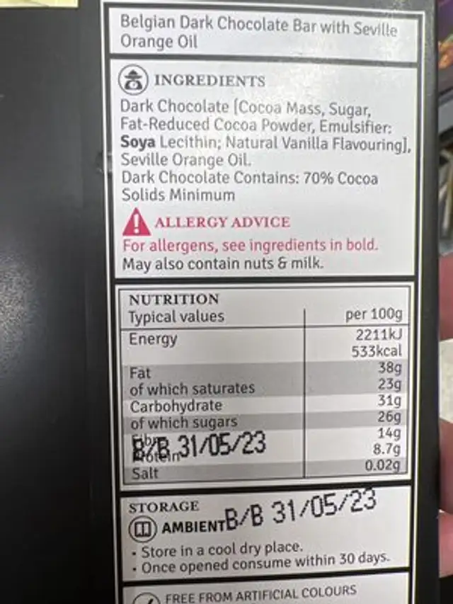 Irish handmade Seville orange and belgian dark chocolate bar ingredients label