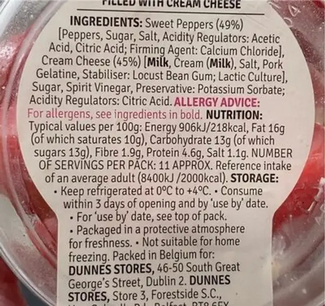 Sweet peppers with cream cheese nutrition facts table