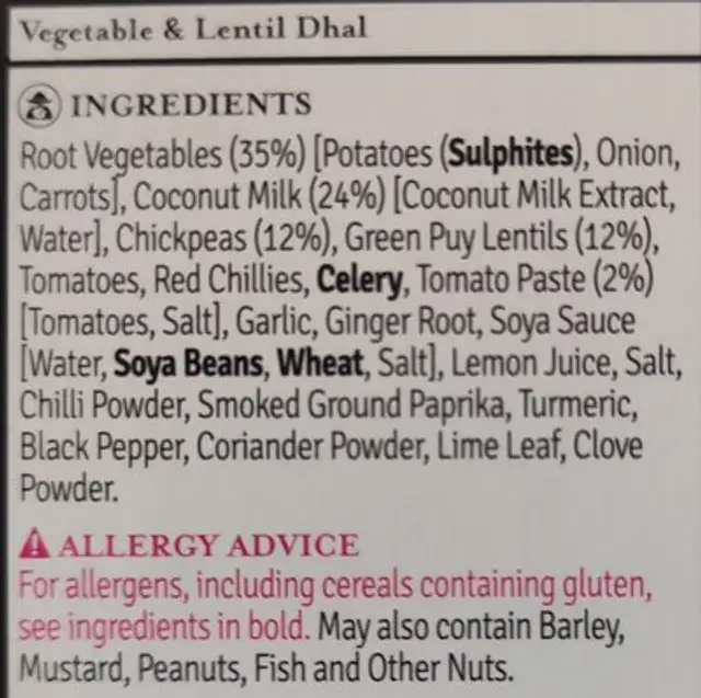 Vegetable and lentil dhal ingredients label