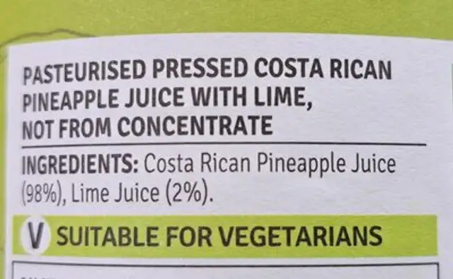 Pressed costa rican pineapple juice with lime ingredients label