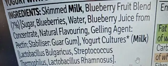 High Protein blueberry yoghurt ingredients label