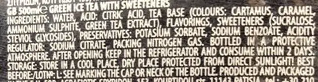 Green ice tea with sweetners ingredients label
