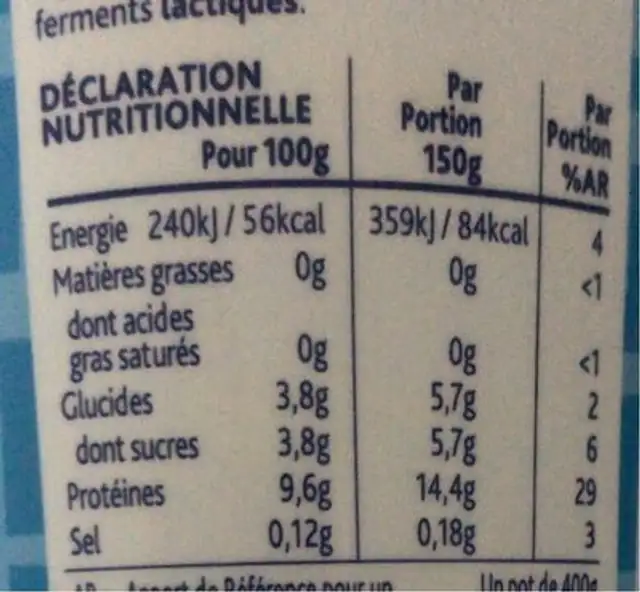 Yaourt Grec authentique nutrition facts table