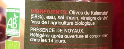 Olives de Kalamata entieres ingredients label