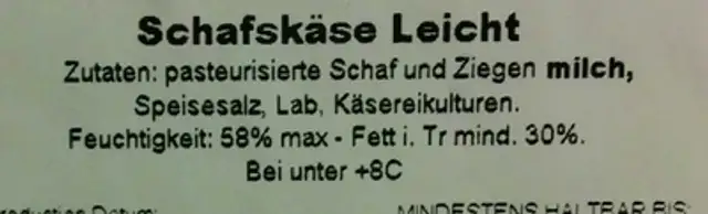 Schafskäse Leicht ingredients label