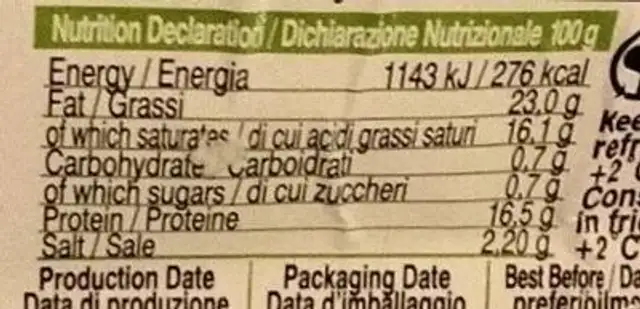 Feta Bio nutrition facts table