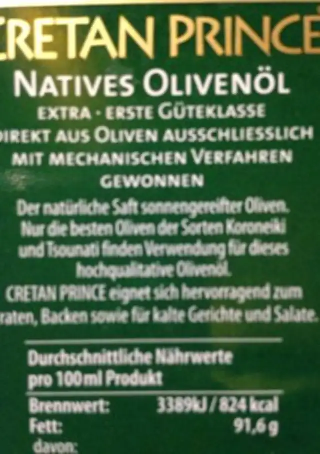 Cretan Prince Griechisches natives Olivenöl extra ingredients label