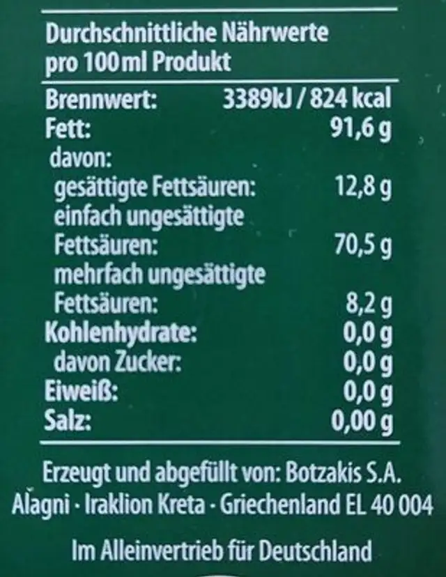 Cretan Prince Griechisches natives Olivenöl extra nutrition facts table