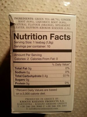 Green tea with ginger, liquorice & saffron front packaging