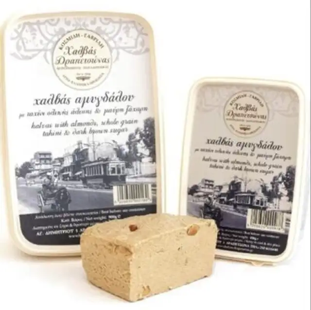 Halvas with almonds, whole grain tahini & dark brown sugar front packaging