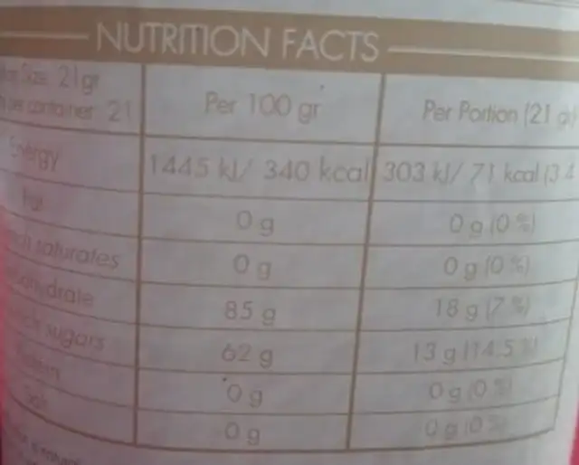 Premium quality Oak Honey nutrition facts table