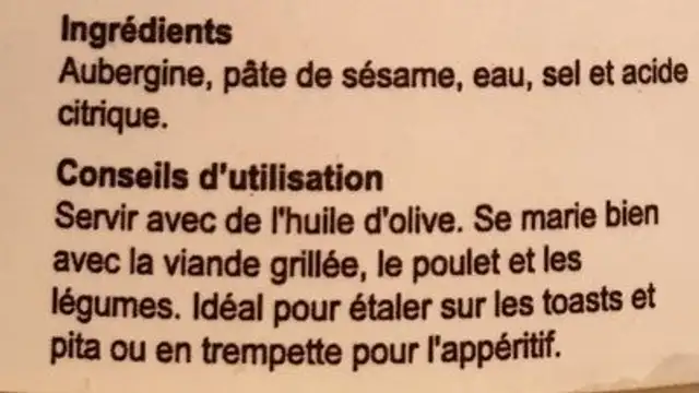 Baba Ghannouj ingredients label