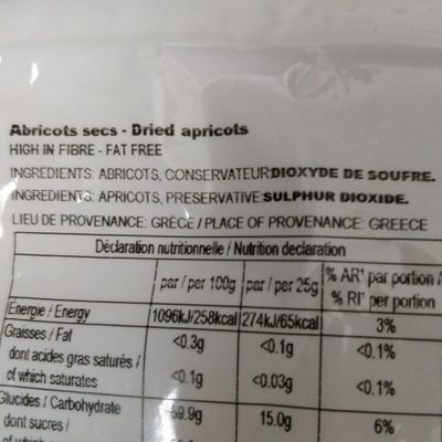 Abricots secs ingredients label