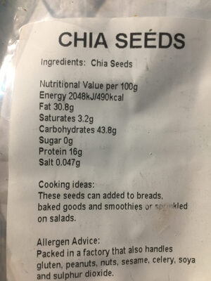 Chia seeds nutrition facts table