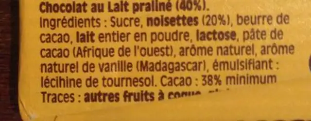 Praline ingredients label