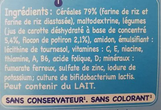 P'tit souper céréales du soir carottes potiron ingredients label