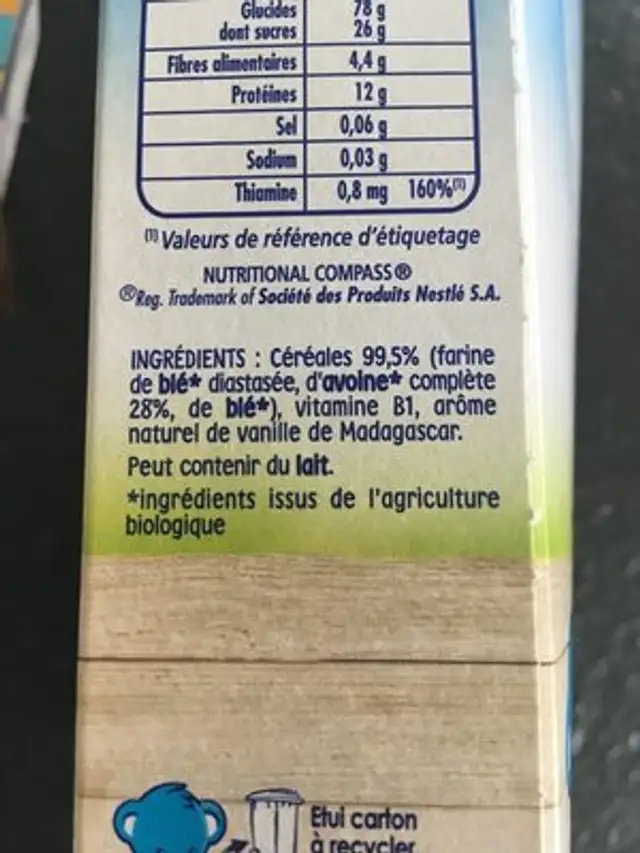 P'tite Céréale vanille ingredients label