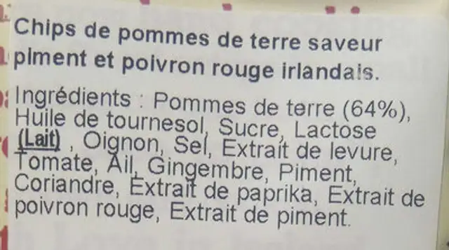 Chips de pommes de terre saveur piment et poivron rouge irlandais ingredients label