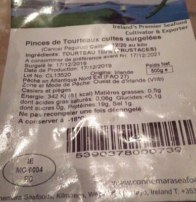 Pinces tourteaux cuites surgelees