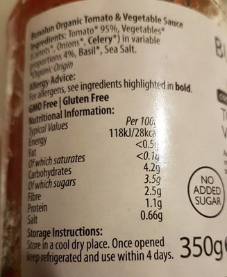 Bunalun Organic Tomato & Vegetable Sauce Gluten Free nutrition facts table